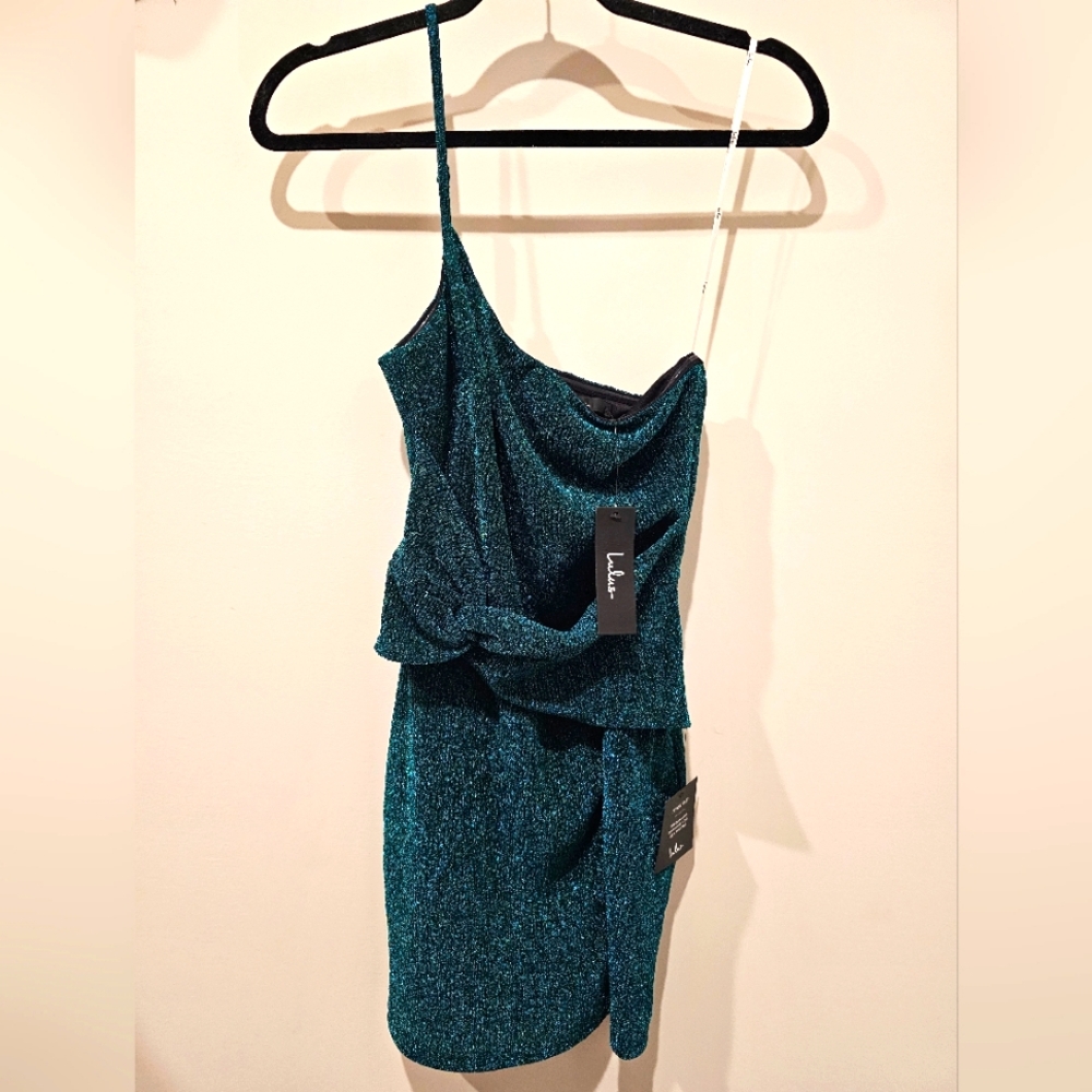 Lulu's Dress NWT Green Sparkly Mini One Shoulder Spaghetti Strap Size SMALL